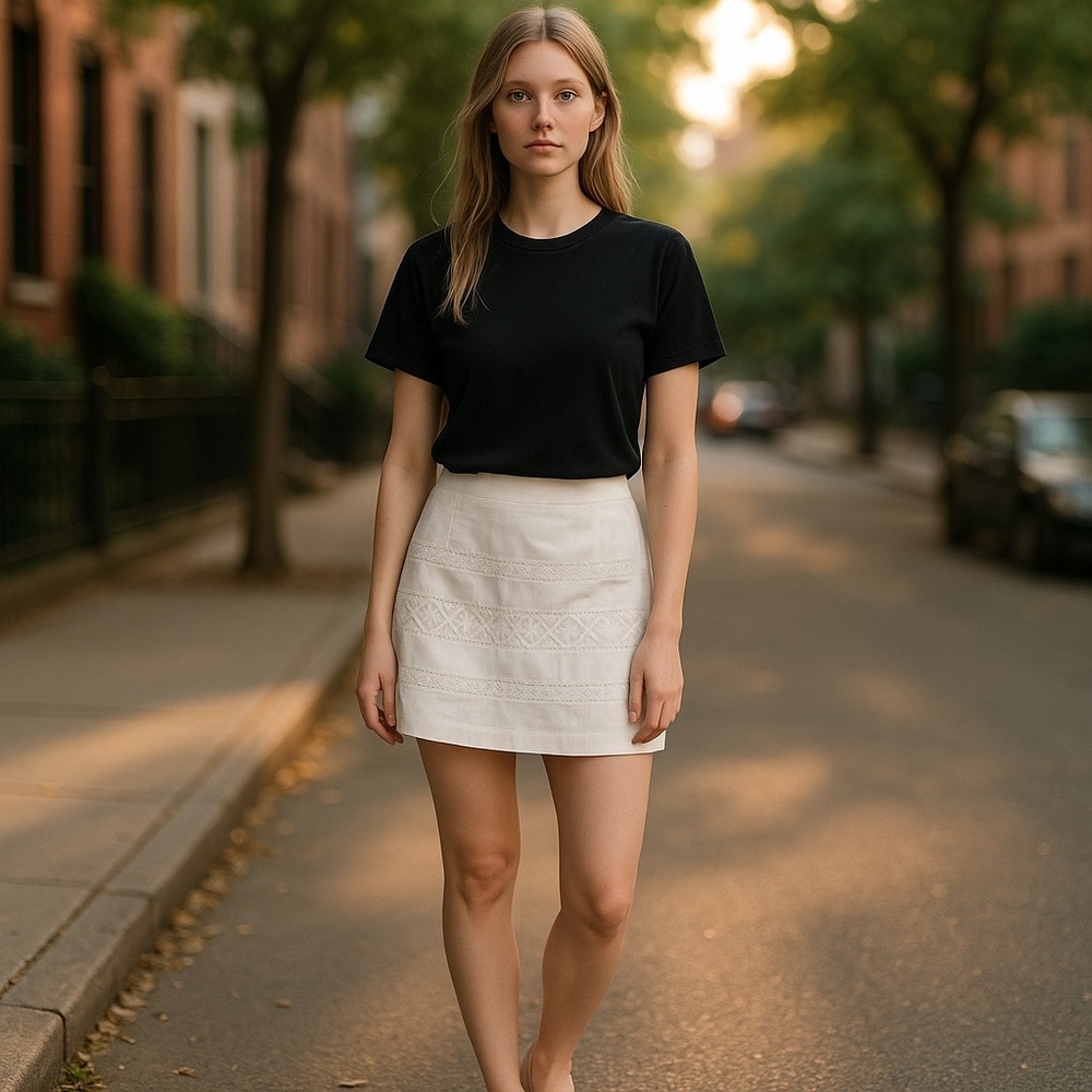 Loft creamy white fully lined skirt with embroidered lace details. NWT